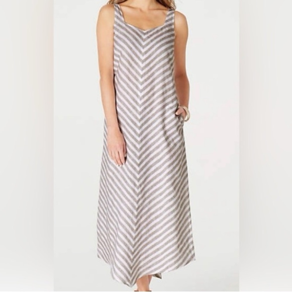 J. Jill 100% Linen Maxi Dress Extra Small Cream Brown Dotted Stripes Sleeveless